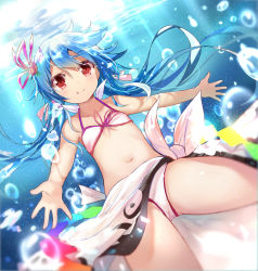 Rule 34 | 1girl, bikini, blue hair, bubble, closed mouth, efe, flat chest, freediving, front-tie bikini top, front-tie top, hair ribbon, hinanawi tenshi, holding breath, long hair, looking at viewer, navel, outstretched arms, pink ribbon, red eyes, ribbon, sarong, solo, sunlight, swimming, swimsuit, touhou, underwater, white bikini