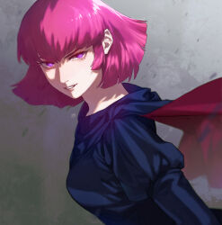 Rule 34 | 1girl, artist logo, black cape, black shirt, breasts, cape, commentary request, from side, gundam, haman karn, highres, long sleeves, looking at viewer, medium breasts, parted lips, pink hair, purple eyes, shirt, short hair, smile, solo, teeth, turning head, upper body, ususio 11, v-shaped eyebrows, zeta gundam