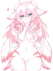 Rule 34 | 1girl, :3, animal ears, animal hands, arms up, blue eyes, blush, body fur, breasts, claws, closed mouth, collarbone, completely nude, cowboy shot, ears down, feathered wings, female focus, furry, furry female, hair between eyes, hair censor, half-closed eyes, happy, head tilt, heart, highres, horns, long hair, looking at viewer, low wings, medium breasts, navel, no pussy, nude, original, outstretched arms, pawpads, pink fur, pink hair, pink theme, reaching, reaching towards viewer, sami (yaonga797), sidelocks, simple background, sitting, smile, solo, stomach, striped fur, two-tone fur, white background, white fur, white horns, white wings, wings