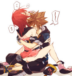 Rule 34 | 1boy, 1girl, ass, bag, baggy pants, belt, unworn belt, blush, breasts, breasts out, brown hair, chain, clothed sex, cum, dress, closed eyes, gloves, hand on another&#039;s head, hetero, hood, hug, kairi (kingdom hearts), kingdom hearts, kingdom hearts ii, large shoes, looking up, medium hair, motion blur, no panties, open mouth, pants, penis, pink dress, ramochi (auti), red hair, sex, shoes, short hair, short sleeves, shoulder pads, simple background, sleeveless, sora (kingdom hearts), speech bubble, spiked hair, straddling, strap, tears, translated, white background, zipper