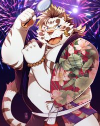 Rule 34 | 1boy, aerial fireworks, animal ears, bandaid, bandaid on face, bara, belly, blue eyes, blush, brown hair, bulge, cowboy shot, daisukebear, fat, fat man, fireworks, fundoshi, furry, furry male, highres, japanese clothes, kimono, large pectorals, licho (housamo), looking at viewer, male focus, navel, navel hair, open clothes, open kimono, open mouth, paid reward available, pectorals, red fundoshi, short hair, smile, solo, summer festival, thick eyebrows, thick navel hair, tiger boy, tiger ears, tokyo houkago summoners