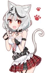 Rule 34 | 1girl, :d, animal collar, animal ear fluff, animal ears, armband, bare shoulders, black collar, black gloves, black hair, blush, camisole, cat ears, cat girl, cat tail, chibi, collar, cowboy shot, fang, fingerless gloves, frilled camisole, frills, garter straps, gloves, grey hair, highres, hololive, kemonomimi mode, looking at viewer, medium hair, miniskirt, multicolored hair, open mouth, paw pose, plaid, plaid skirt, pleated skirt, rabiiandrain, red eyes, red skirt, sakamata chloe, skirt, smile, solo, streaked hair, tail, virtual youtuber, white background, white camisole