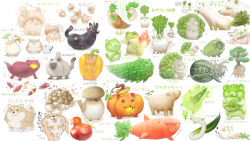 Rule 34 | animal, animal request, bell pepper, bird, bonsai, broccoli, carrot, cat, cheek pull, creature, daikon, duck, eel, eggplant, fire, fish, food, food request, fox, frog, fruit, garlic, heart, highres, lizard, mouse (animal), mushroom, octopus, oyasai yousei to manabu yasai no chishiki zukan, pepper, pig, ponkichi (ponkichim), pumpkin, radish, simple background, spring onion, squirrel, sweet potato, tomato, translation request, watermelon, white background
