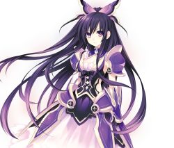 Rule 34 | 10s, 1girl, armor, armored dress, black gloves, black hair, breasts, choker, cleavage, date a live, dress, floating hair, gloves, hair ornament, highres, long hair, looking at viewer, medium breasts, multicolored hair, official art, purple eyes, purple hair, shoulder armor, sleeveless, sleeveless dress, solo, pauldrons, standing, strapless, strapless dress, tsunako, two-tone hair, very long hair, yatogami tooka