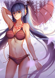 Rule 34 | 1girl, absurdres, arm up, bare shoulders, bikini, blue eyes, blue hair, bracelet, breasts, cleavage, cr, flower, hatsune miku, headphones, highres, jewelry, long hair, looking at viewer, matching hair/eyes, mole, mole under eye, mouth hold, navel, necklace, oil-paper umbrella, purple bikini, side-tie bikini bottom, smile, solo, star (symbol), swimsuit, twintails, umbrella, very long hair, vocaloid, wisteria