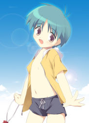 Rule 34 | 1boy, blue hair, brown eyes, child, fang, jacket, male focus, shorts, solo