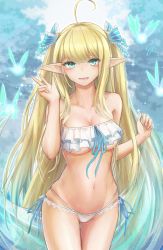 Rule 34 | 1girl, absurdres, ahoge, alternate costume, aqua eyes, azur lane, bare shoulders, bikini, blonde hair, blue background, blue ribbon, blunt bangs, blurry, blurry background, breasts, centaur (azur lane), centaur (beachside undine) (azur lane), cleavage, collarbone, cowboy shot, ears visible through hair, eicam, frilled bikini, frilled ribbon, frills, gluteal fold, groin, hands up, highres, holding sarong, large breasts, legs together, long hair, looking at viewer, micro bikini, multi-strapped bikini, navel, open mouth, pointy ears, ribbon, round teeth, sarong, see-through sarong, skindentation, smile, solo, sparkle, standing, string bikini, striped ribbon, swimsuit, teeth, thigh gap, tongue, underboob, very long hair, w
