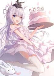 Rule 34 | &gt; &lt;, 1girl, :d, absurdres, animal, animal ear fluff, animal ears, animal on head, bare arms, bare shoulders, blue background, blue eyes, breasts, cake, cat ears, center frills, chiya 1589505970, closed eyes, commentary request, dress, fang, food, frills, gradient background, hair ribbon, hand up, heterochromia, highres, holding, holding tray, layered dress, looking at viewer, no shoes, on head, open mouth, original, petals, pleated dress, purple ribbon, rabbit, red eyes, ribbon, silver hair, sleeveless, sleeveless dress, small breasts, smile, soles, solo, standing, standing on one leg, strap slip, thighhighs, tray, white background, white dress, white thighhighs