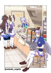 Rule 34 | 4girls, animal ears, bad id, bad twitter id, blue shirt, border, bread, breast pocket, breasts, brown footwear, brown hair, brown headwear, can, chair, closed mouth, crossed legs, door, food, frown, gold ship (umamusume), grey hair, hat, holding, holding can, holding newspaper, horse ears, horse girl, horse tail, indoors, lightning bolt symbol, loafers, long hair, looking at another, medium breasts, mejiro dober (umamusume), mejiro mcqueen (umamusume), mejiro ryan (umamusume), multiple girls, newspaper, open mouth, outside border, pocket, purple hair, sailor collar, school uniform, shadow, shelf, shirt, shoes, shop, shopping basket, sitting, skirt, small breasts, standing, tail, thighhighs, tracen school uniform, twitter username, umaguti, umamusume, white skirt, white thighhighs