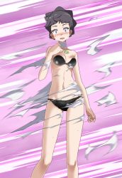 Rule 34 | 1girl, :o, absurdres, bare arms, bare shoulders, black bra, black hair, black panties, blue eyes, blush, bra, breasts, choker, cleavage, clenched hand, creatures (company), diantha (pokemon), floral print, game freak, highres, jewelry, lace, lace-trimmed panties, lace trim, looking at viewer, medium breasts, nail polish, navel, nintendo, open mouth, panties, pendant, pokemon, pokemon xy, short hair, solo, strapless, strapless bra, tearing up, tears, torn clothes, tsukishiro saika, underwear, underwear only, white choker