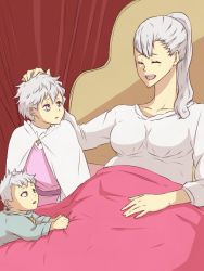 Rule 34 | 1boy, 2girls, acier silva, black clover, breasts, cape, collarbone, closed eyes, hand on another&#039;s head, jinguu (timaya), large breasts, long hair, lying, mother and daughter, mother and son, multiple girls, nebra silva, on bed, ponytail, pregnant, purple eyes, shirt, silver hair, solid silva, white cape, white shirt, aged down