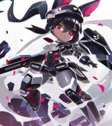 Rule 34 | 1girl, animal ears, black hair, black sclera, check copyright, colored sclera, commentary request, copyright request, dark-skinned female, dark skin, desktop army, gun, hat, highres, holding, holding gun, holding weapon, long hair, looking at viewer, mecha musume, mismatched sclera, necktie, no feet, peaked cap, ponytail, red eyes, rifle, solo, very long hair, weapon, yoyoyoyoyo (turuse)