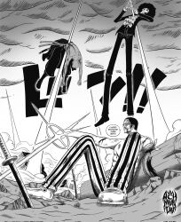 Rule 34 | 3boys, achmunzav, afro, amputee, blood, blood on face, borsalino (kizaru), brook (one piece), commentary, english commentary, english text, full body, greyscale, highres, katana, male focus, missing limb, monochrome, multiple boys, official style, one piece, outdoors, roronoa zoro, short hair, signature, skeleton, speech bubble, sunglasses, sword, topless male, weapon
