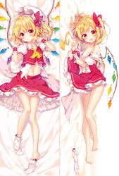 Rule 34 | 1girl, ascot, bare legs, bare shoulders, barefoot, blob, blonde hair, clothes pull, dakimakura (medium), fang, flandre scarlet, full body, hat, hat ribbon, looking at viewer, lying, mob cap, multiple views, navel, no headwear, no headwear, off shoulder, on back, on side, open clothes, open mouth, open shirt, puffy short sleeves, puffy sleeves, red eyes, ribbon, riichu, shirt, shirt pull, short sleeves, side ponytail, skirt, skirt set, smile, sock dangle, unworn socks, touhou, vest, wings, wrist cuffs