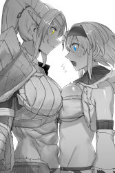 Rule 34 | 2girls, abs, absurdres, armor, arms at sides, asymmetrical docking, blue eyes, blush, breast press, breastplate, breasts, closed mouth, detached sleeves, face-to-face, fake horns, fang, fang out, flying sweatdrops, from side, greyscale, headband, height difference, high ponytail, highres, horns, kirin (armor), large breasts, long hair, looking at another, looking at breasts, medium hair, midriff, monochrome, monster hunter (character), monster hunter (series), multiple girls, muscular, muscular female, navel, niwarhythm, open mouth, shoulder armor, sidelocks, simple background, skindentation, smile, spot color, stomach, strapless, tube top, underboob, vest, white background, yellow eyes, zinogre (armor)