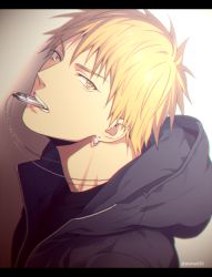 Rule 34 | 1boy, black hoodie, black shirt, blonde hair, blurry, casual, commentary request, depth of field, dog tags, from side, grey background, hood, hood down, hoodie, jewelry, kise ryouta, kuroko no basuke, letterboxed, looking at viewer, male focus, mashima shima, mouth hold, necklace, shadow, shirt, short hair, simple background, solo, teeth, twitter username, yellow eyes