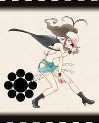 Rule 34 | 10s, 1girl, adapted costume, aqua eyes, baseball cap, boots, brown hair, chinese clothes, creatures (company), dudou, full body, game freak, hat, hilda (pokemon), holding, holding poke ball, long hair, nintendo, poke ball, pokemon, pokemon bw, ponytail, shorts, simple background, solo, vest, wristband