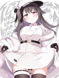 Rule 34 | 1girl, absurdres, azur lane, black hair, blush, breasts, clothes lift, commentary request, gloves, hat, highres, large breasts, lifted by self, long hair, looking at viewer, nochan nel, pamiat merkuria (azur lane), panties, pantyshot, purple eyes, skirt, skirt lift, smug, solo, standing, thighhighs, underwear, winter clothes