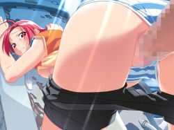 Rule 34 | 00s, 1girl, against wall, ahoge, bike shorts, bike shorts pull, blush, breasts, censored, clothes lift, clothes pull, clothing aside, doggystyle, from behind, game cg, large breasts, light rays, looking back, mai (popotan), mosaic censoring, nipples, no bra, panties, panties aside, penis, pink eyes, pink hair, popotan, red eyes, red hair, sex, sex from behind, shirt lift, short hair, shorts, shorts pull, solo focus, striped clothes, striped panties, sunbeam, sunlight, top-down bottom-up, underwear, vaginal, watanabe akio, whistle