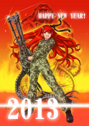 Rule 34 | 10s, 1girl, 2013, ah-1 cobra, ammunition belt, bad id, bad pixiv id, boots, breasts, camouflage, combat boots, fujisawa takashi, full body, gatling gun, gun, hair ornament, hairband, hairclip, happy new year, headset, helicopter, japan air self-defense force, japan self-defense force, kisarazu akane, long hair, military, military uniform, new year, open mouth, original, red eyes, red hair, shell casing, small breasts, solo, standing, uniform, very long hair, weapon