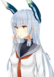 Rule 34 | 10s, 1girl, absurdres, aqua hair, bad id, bad pixiv id, blunt bangs, dated, dress, hair ribbon, headgear, highres, kantai collection, long hair, murakumo (kancolle), neckerchief, parted lips, red eyes, ribbon, sailor collar, sailor dress, sidelocks, simple background, siraele, solo, upper body, white background