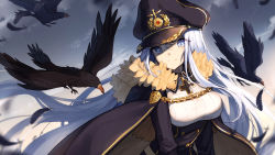 Rule 34 | 1girl, animal, bird, bison cangshu, black cape, black feathers, black hat, black skirt, blue eyes, blue sky, breasts, cape, chain, character request, closed mouth, cloud, collared shirt, commentary, cross, day, feathers, fur-trimmed cape, fur trim, hair between eyes, hat, head tilt, high-waist skirt, highres, iron cross, long hair, long sleeves, medium breasts, military hat, outdoors, peaked cap, shirt, silver hair, skirt, sky, smile, solo, very long hair, warship girls r, white shirt