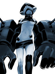 Rule 34 | 10s, 1girl, abyssal ship, bad id, bad pixiv id, bare shoulders, black gloves, black skirt, black thighhighs, blue theme, breasts, colored skin, gloves, groin, helmet, kantai collection, machinery, miniskirt, monochrome, navel, oversized forearms, oversized limbs, ribs, simple background, single thighhigh, skirt, small breasts, solo, thighhighs, torn clothes, tsu-class light cruiser, turret, underboob, white background, white skin, zuwai kani
