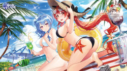 Rule 34 | 2girls, alternate costume, ass, azur lane, beach umbrella, bikini, black bikini, black ribbon, blue hair, breasts, center opening, chachie, cup, eyewear on head, food, fruit, hair ornament, hat, highres, holding, holding cup, honolulu (azur lane), honolulu (summer accident?!) (azur lane), ice cream, large breasts, long hair, looking at viewer, melon, multiple girls, official alternate costume, open mouth, outdoors, palm tree, red eyes, red hair, ribbon, side ponytail, st. louis (azur lane), star (symbol), star hair ornament, starfish, straw hat, sunglasses, swimsuit, tree, umbrella, very long hair, white bikini