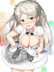Rule 34 | 1girl, blush, breasts, brown eyes, cleavage, conte di cavour (kancolle), conte di cavour nuovo (kancolle), dress, frilled dress, frills, gloves, grey hair, hand on own hip, highres, igarashi mangou, kantai collection, large breasts, long hair, looking at viewer, nose blush, open mouth, short sleeves, simple background, solo, twitter username, white gloves