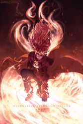 Rule 34 | 1girl, amputee, copyright name, dishwasher1910, english text, fire, hair over one eye, highres, long hair, red eyes, rwby, solo, spoilers, watermark, web address, yang xiao long