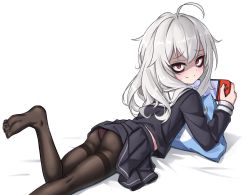 Rule 34 | 1girl, ahoge, ass, black pantyhose, black shirt, black skirt, clothes lift, eha7y, feet, from side, highres, leg up, legs, long hair, looking at viewer, lying, messy hair, nintendo switch, no shoes, on stomach, original, panties, panties under pantyhose, pantyhose, pillow, pink panties, playing games, red eyes, school uniform, see-through, serafuku, shaded face, shirt, silver hair, simple background, skirt, skirt lift, smile, soles, solo, thighband pantyhose, thighs, toes, underwear, white background