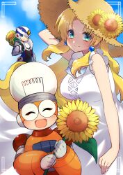 Rule 34 | 1girl, 2boys, aged up, arm up, blonde hair, blush, breasts, bright man, character request, closed eyes, closed mouth, commentary request, dress, earrings, flower, green eyes, hat, holding, holding flower, jewelry, kalinka cossack (mega man), large breasts, looking at viewer, mega man (classic), mega man (series), mega man 4, multiple boys, open mouth, over-1 (mega man), rockman xover, sleeveless, sleeveless dress, smile, sun hat, sunflower, tobitori, white dress