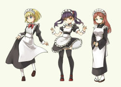 Rule 34 | 3girls, apron, black thighhighs, blonde hair, blue eyes, breasts, brown hair, curtsey, detached collar, female focus, flat chest, frilled apron, frills, full body, green eyes, japanese clothes, kimono, loafers, maid, maid apron, maid headdress, mary janes, mixed maids, multiple girls, original, parted bangs, pas (paxiti), pigeon-toed, puffy sleeves, purple hair, shoes, short hair, simple background, standing, tabi, thighhighs, twintails, wa maid, waist apron, white legwear, wide sleeves, wrist cuffs, yellow eyes, yukata