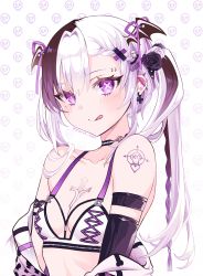 Rule 34 | 1girl, :q, bare shoulders, black flower, black hair, black rose, black wings, blush, bra, braid, braided bangs, breasts, closed mouth, collarbone, commentary, cpqm, ear piercing, english commentary, flower, hair between eyes, hair flower, hair ornament, hairclip, head wings, highres, jacket, long hair, multicolored hair, off shoulder, open clothes, open jacket, original, piercing, purple eyes, rose, side ponytail, skull hair ornament, small breasts, smile, solo, tongue, tongue out, two-tone hair, underwear, upper body, white background, white bra, white flower, white hair, white jacket, white rose, wings, x hair ornament