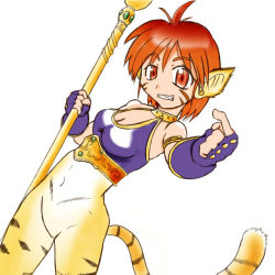 Rule 34 | 1girl, animal ears, artist request, blush, breasts, breath of fire, breath of fire ii, bustier, cat ears, cat tail, cleavage, facial mark, furry, furry female, gloves, green eyes, orange hair, pointy ears, rinpoo chuan, short hair, solo, staff, tail, white background