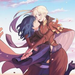 2girls alternate_hairstyle blue_eyes blue_hair breasts byleth_(female)_(fire_emblem) byleth_(fire_emblem) cape choker closed_eyes edelgard_von_hresvelg fire_emblem fire_emblem:_three_houses flower flower_wreath highres hug large_breasts lifting_person medium_hair multiple_girls nintendo official_alternate_hairstyle open_mouth pink_flower pink_rose radiostarkiller rose yuri