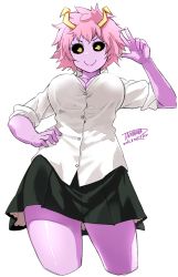 Rule 34 | 10s, 1girl, 2016, artist name, ashido mina, black sclera, boku no hero academia, breasts, cleavage, colored sclera, colored skin, cropped legs, dated, dress shirt, from below, hand on own hip, highres, horns, large breasts, looking at viewer, pink hair, pink skin, purple skin, school uniform, shirt, short hair, signature, skirt, smile, solo, tachibana roku, thighs, v, yellow eyes