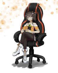 Rule 34 | 1girl, absurdres, ahoge, bad id, bad pixiv id, bare shoulders, black pantyhose, blue eyes, boots, breasts, brown hair, camisole, chair, collarbone, cross-laced footwear, crossed legs, full body, gaming chair, hair ribbon, head tilt, highres, hololive, looking at viewer, lunch boxer, medium hair, miniskirt, natsuiro matsuri, natsuiro matsuri (1st costume), neck ribbon, off-shoulder shirt, off shoulder, open mouth, own hands clasped, own hands together, pantyhose, pinstripe camisole, pinstripe pattern, ribbon, shirt, short sleeves, side ponytail, sitting, skirt, small breasts, smile, solo, striped, swivel chair, teeth, upper teeth only, virtual youtuber, white background, white footwear