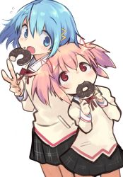 Rule 34 | 2girls, blue eyes, blue hair, commentary, commentary request, damenano104, doughnut, falling, food, hair ornament, hairclip, highres, kaname madoka, looking at another, mahou shoujo madoka magica, mahou shoujo madoka magica (anime), miki sayaka, multiple girls, open mouth, pink eyes, pink hair, school uniform, short hair, smile, sweatdrop, twintails, v, white background