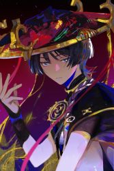 Rule 34 | 1boy, black gloves, black hair, closed mouth, commentary, english commentary, fingerless gloves, genshin impact, gloves, hat, highres, japanese clothes, jingasa, male focus, ngop, scaramouche (genshin impact), short sleeves, solo, upper body