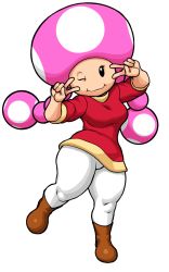 Rule 34 | 1girl, ;), breasts, double v, highres, long hair, mario (series), mushroom, nikcesco, nintendo, one eye closed, pants, pink hair, smile, solo, thick thighs, thighs, toadette, twintails, v, v over eye