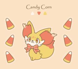 Rule 34 | animal ear fluff, animal focus, blush, bow, candy, candy corn, creatures (company), dotted line, fennekin, food, full body, game freak, gen 6 pokemon, looking at viewer, nintendo, no humans, orange eyes, pokemon, pokemon (creature), red bow, satsumapotato, sitting, smile, solo, striped bow