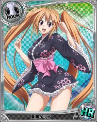 Rule 34 | 10s, 1girl, ahoge, brown hair, card (medium), character name, chess piece, hair ornament, high school dxd, japanese clothes, kimono, long hair, official art, open mouth, purple eyes, rook (chess), shidou irina, short kimono, solo, trading card, twintails