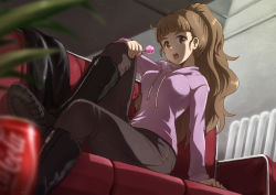 Rule 34 | 1girl, black footwear, black jacket, black pants, boots, breasts, brown eyes, brown hair, can, candy, coca-cola, commentary request, couch, denim, drink can, food, from below, high ponytail, highres, holding, holding candy, holding food, holding lollipop, hood, hood down, hoodie, idolmaster, idolmaster cinderella girls, jacket, jeans, kamiya nao, lollipop, long hair, looking at viewer, medium breasts, open mouth, pants, pink hoodie, ponytail, satomura kyou, sitting, soda can, solo, unworn jacket, very long hair, wavy hair