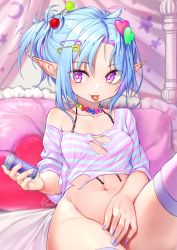 Rule 34 | 1girl, bed, blue hair, bottomless, candy, candy hair ornament, canopy bed, covering privates, female focus, food, food-themed hair ornament, hair ornament, heart, heart hair ornament, highres, looking at viewer, medicine bottle, mitake eil, multicolored hair, nail polish, naughty face, navel, on bed, original, pill, pillow, pointy ears, purple eyes, purple hair, safety pin, solo, tongue, tongue out