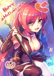 Rule 34 | 1girl, breasts, brown eyes, choker, cleavage, covered erect nipples, elbow gloves, gloves, halloween, highres, kousaka tamaki, lantern, large breasts, long hair, long sleeves, looking at viewer, nakajima kotoko, navel, open mouth, red hair, single thighhigh, sleeveless, solo, staff, thighhighs, to heart (series), to heart 2, trick or treat