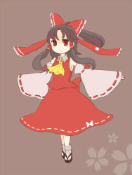 Rule 34 | 1girl, ascot, bad id, bad pixiv id, bow, brown hair, clog sandals, detached sleeves, female focus, hair bow, hair tubes, hakurei reimu, hovering kousin, japanese clothes, long hair, miko, ponytail, red eyes, red ribbon, ribbon, sandals, sidelocks, simple background, skirt, socks, solo, spread legs, touhou, white socks, zouri
