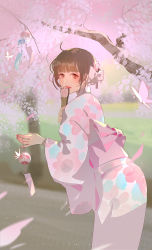 Rule 34 | 1girl, absurdres, ahoge, artist name, blush, brown hair, bug, butterfly, cherry blossoms, commentary request, dated, floral print, hair bun, hand fan, highres, holding, insect, japanese clothes, kimono, lips, medium hair, nature, original, petals, pink butterfly, pink kimono, red eyes, scenery, single hair bun, solo, tree, zm-panda-