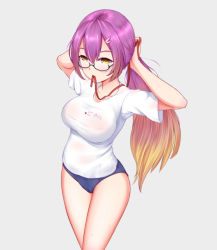 Rule 34 | 1girl, alternate costume, arms up, bespectacled, black-framed eyewear, blonde hair, breasts, buruma, chinese commentary, cigema huaxian, clothes writing, collarbone, commentary request, cowboy shot, glasses, gradient hair, grey background, hair between eyes, hair ornament, highres, hijiri byakuren, large breasts, long hair, looking at viewer, mouth hold, multicolored hair, purple hair, shirt, short sleeves, sidelocks, simple background, solo, standing, thighs, touhou, tying hair, very long hair, white shirt, yellow eyes