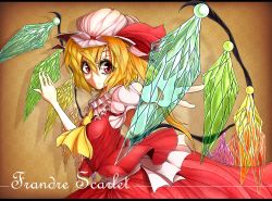 Rule 34 | 1girl, ascot, bad id, bad pixiv id, brown background, character name, eyelashes, female focus, flandre scarlet, hat, hat ribbon, light smile, outstretched hand, red eyes, ribbon, short hair, side ponytail, simple background, skirt, skirt set, smile, solo, teko, touhou, upper body, wings